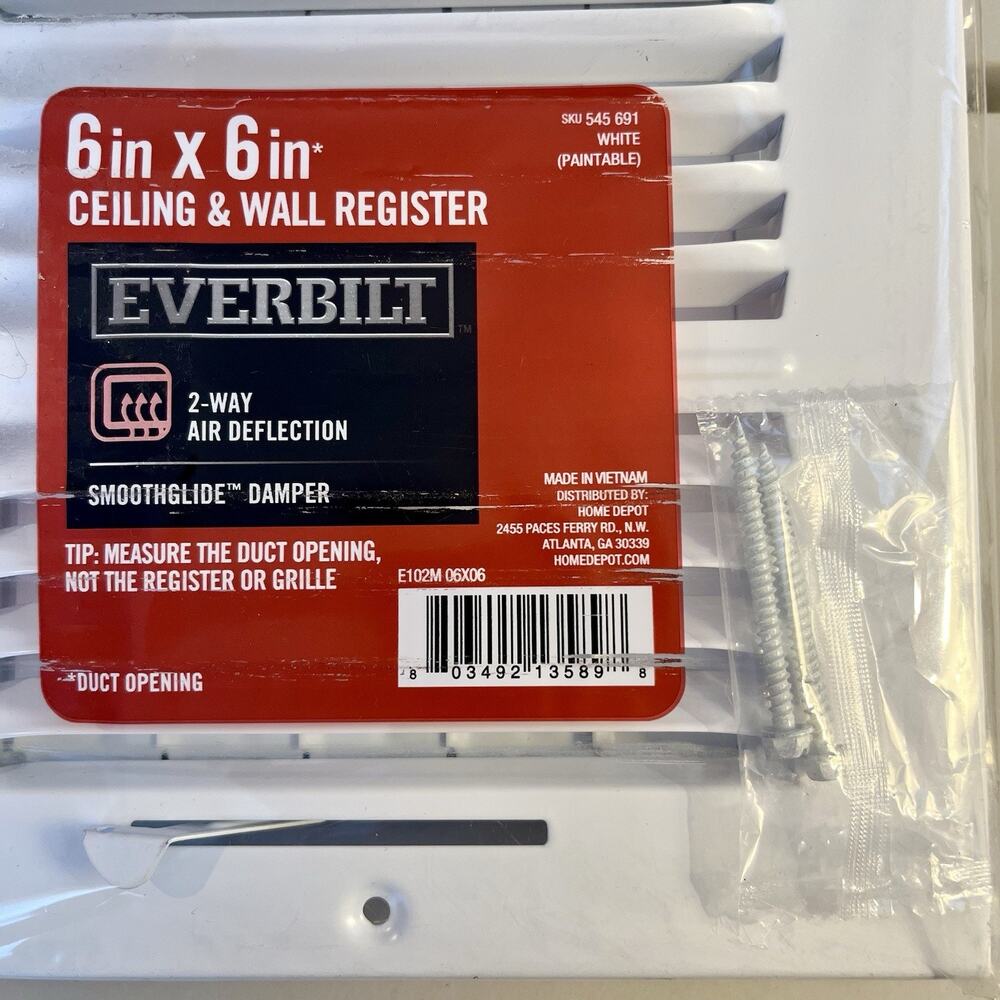 Everbilt 6" x 6" 2-Way Steel Wall or Ceiling Register - White